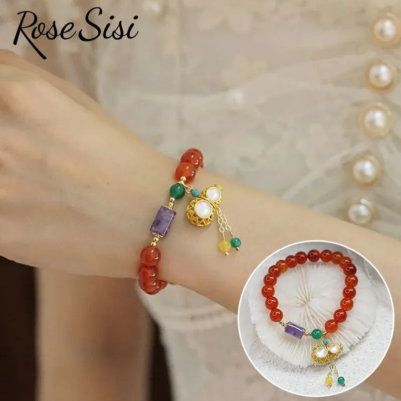 Rose sisi Chinese style retro agate bracelet for women natural stone bracelet transfer gourd pendant life lock jewelry for women