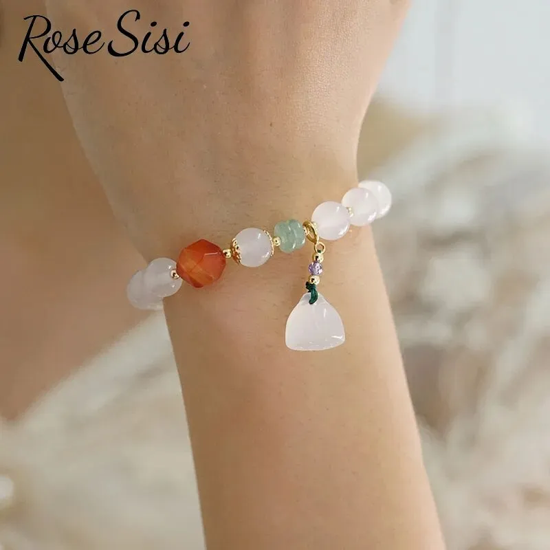 Rose sisi Chinese style retro agate bracelet for women natural stone bracelet transfer gourd pendant life lock jewelry for women