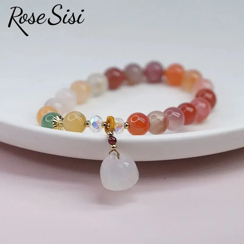 Rose sisi Chinese style retro agate bracelet for women natural stone bracelet transfer gourd pendant life lock jewelry for women