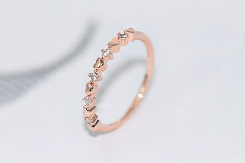 Round Cut Heart Shape Rose Gold Moissanite Stackable Ring, Art Deco Unique Cluster Diamond Jewelry, Vintage Bridesmaid Wedding Propose Band