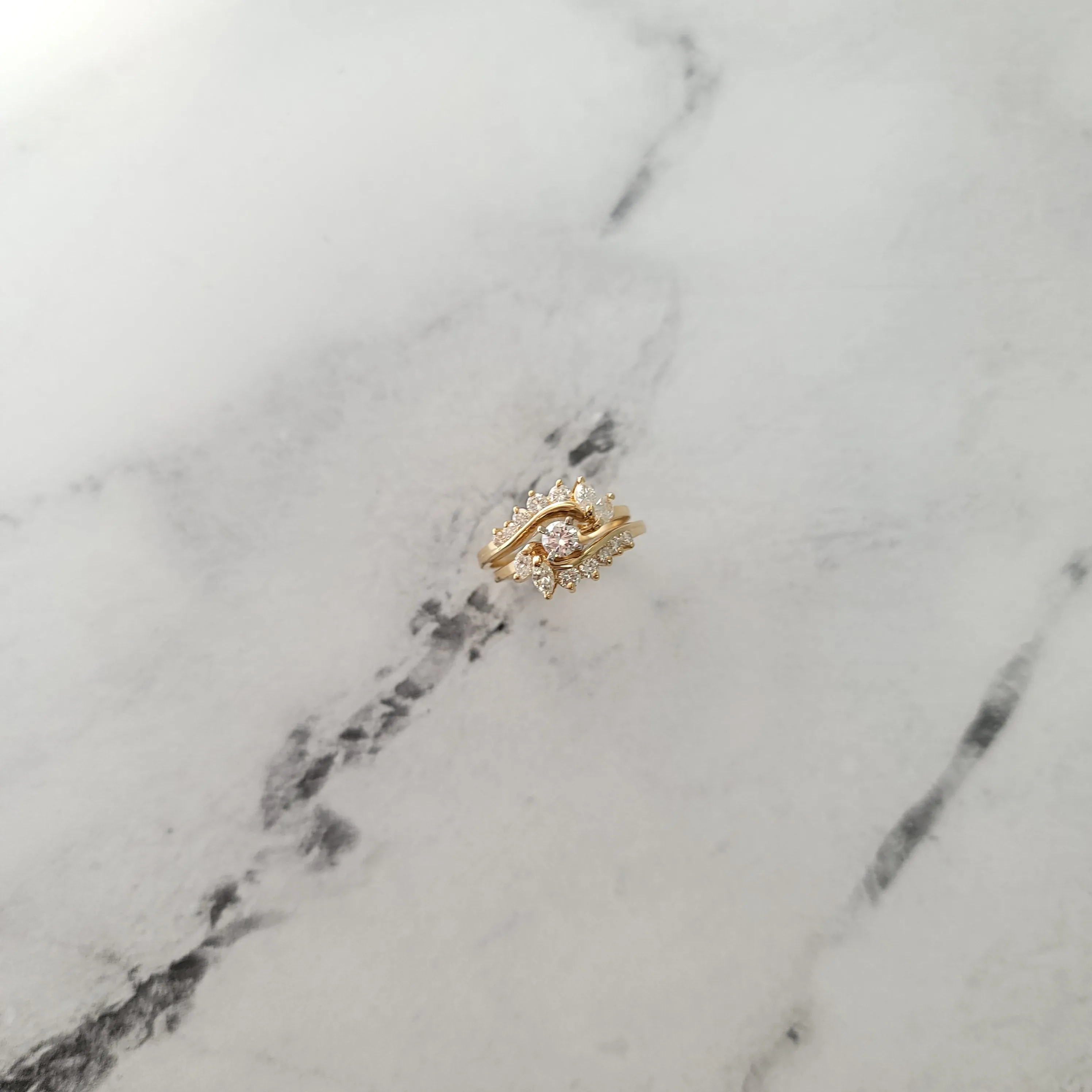 Round Diamond & Marquise Accented Bridal Ring Set 1.50cttw 14k Yellow Gold