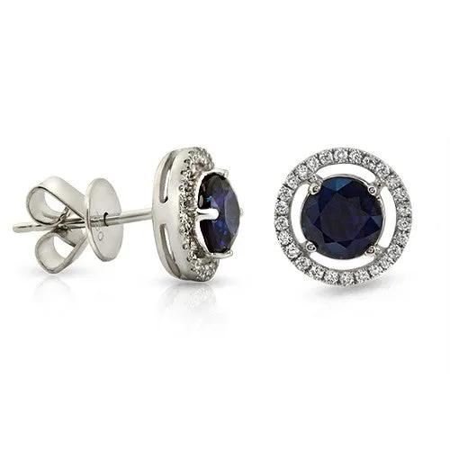 Round Sapphire Gemstone Stud Earrings with Round Diamonds on a 14k White Gold Halo Setting