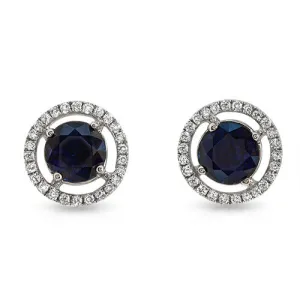 Round Sapphire Gemstone Stud Earrings with Round Diamonds on a 14k White Gold Halo Setting