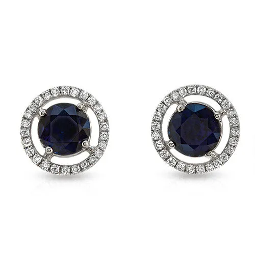 Round Sapphire Gemstone Stud Earrings with Round Diamonds on a 14k White Gold Halo Setting