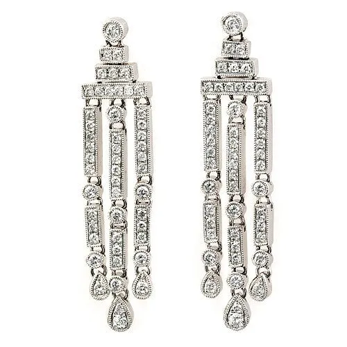 Round&Pear-cut Diamonds totalling 1.03ct Long Chandelier Dangling Earrings 18k White Gold