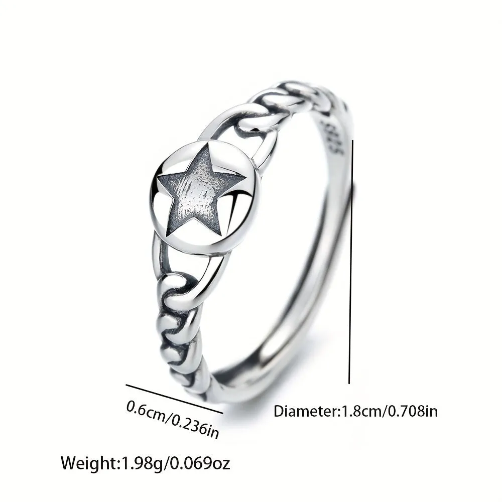 S925 Silvery Hemp Rope Braided Five-pointed Star Ring Gift Low Allergy