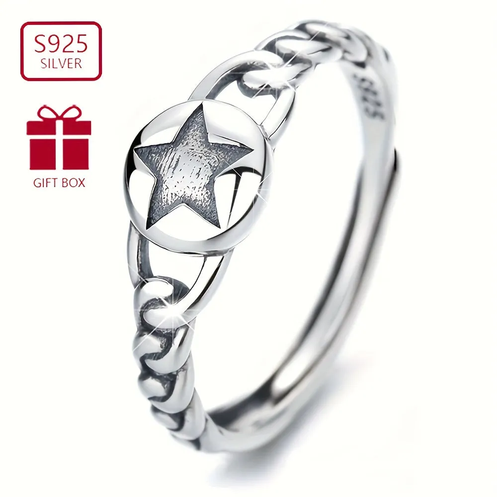 S925 Silvery Hemp Rope Braided Five-pointed Star Ring Gift Low Allergy