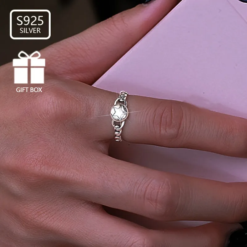 S925 Silvery Hemp Rope Braided Five-pointed Star Ring Gift Low Allergy