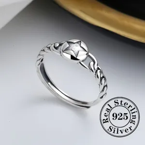 S925 Silvery Hemp Rope Braided Five-pointed Star Ring Gift Low Allergy