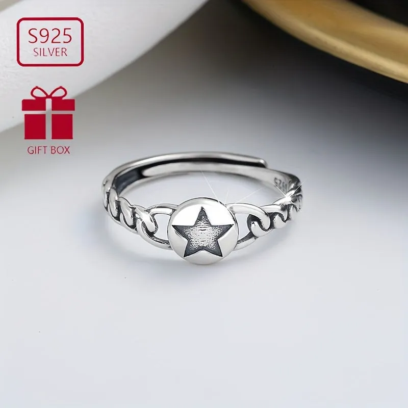S925 Silvery Hemp Rope Braided Five-pointed Star Ring Gift Low Allergy