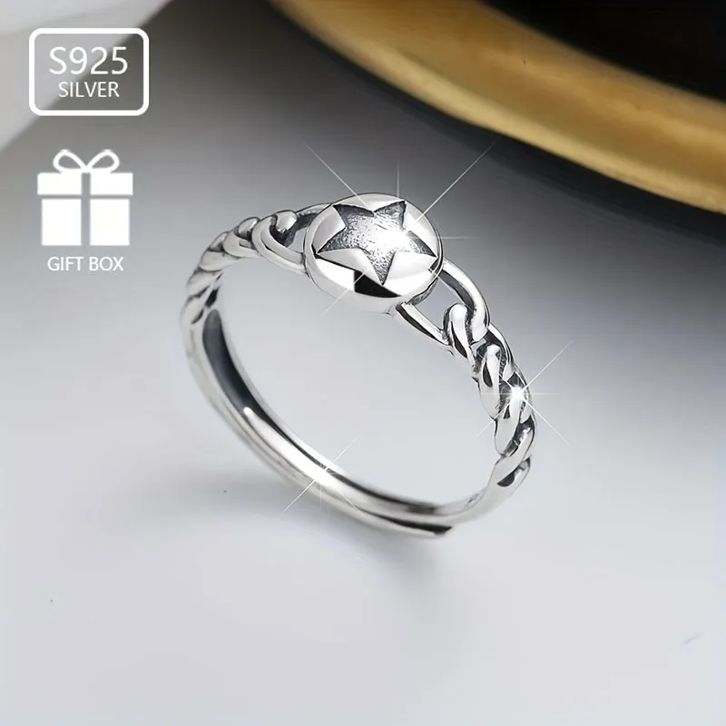S925 Silvery Hemp Rope Braided Five-pointed Star Ring Gift Low Allergy