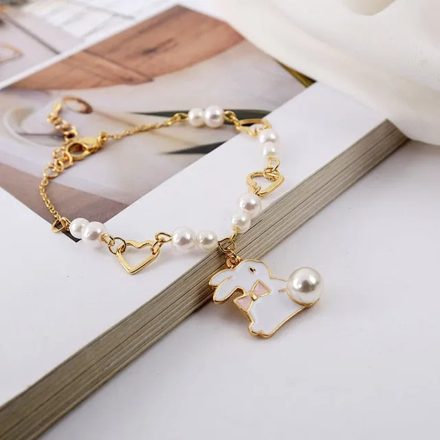 Sansummer 2019 New Hot Fashion Pearl Cute Heart Girl Flower Bow Romantic Rabbit Dangle Cartoon Bracelet For Women Jewelry