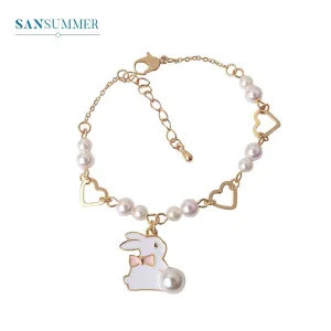 Sansummer 2019 New Hot Fashion Pearl Cute Heart Girl Flower Bow Romantic Rabbit Dangle Cartoon Bracelet For Women Jewelry