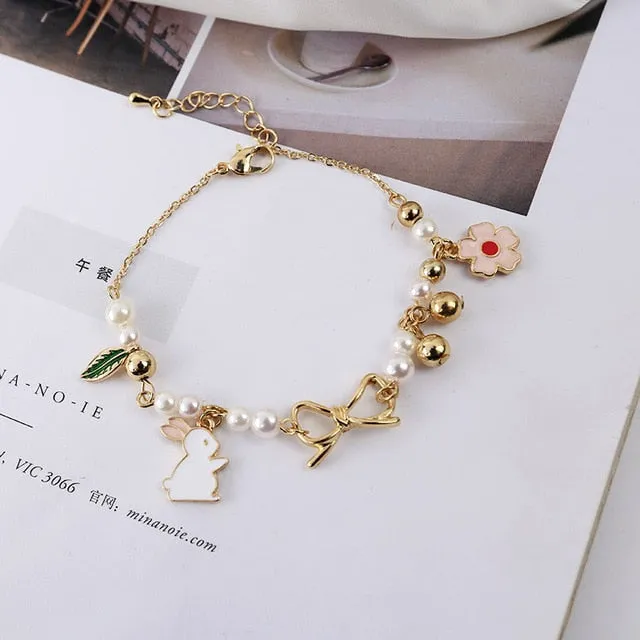 Sansummer 2019 New Hot Fashion Pearl Cute Heart Girl Flower Bow Romantic Rabbit Dangle Cartoon Bracelet For Women Jewelry