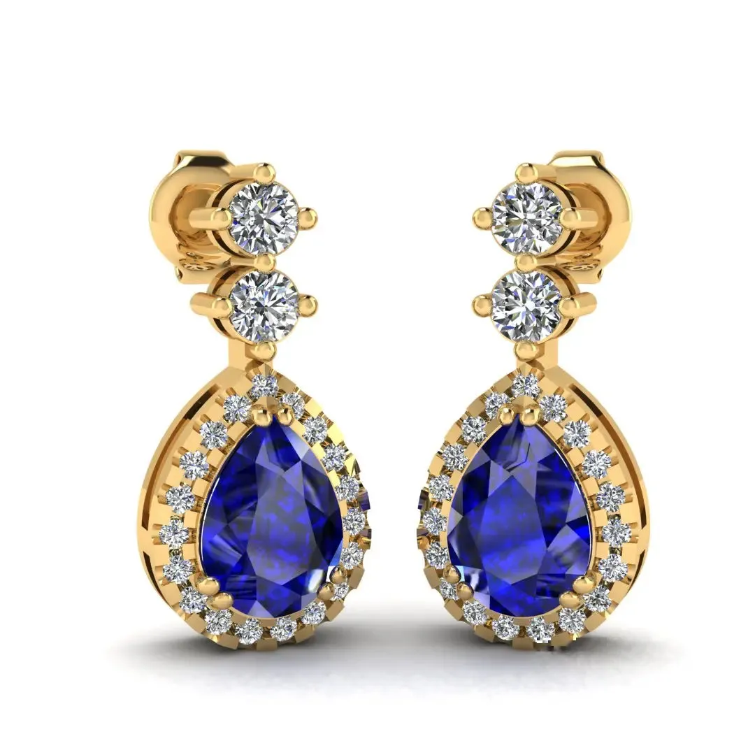 Sapphire 1.30 Carat Pear Shape Halo Natural Diamond Drop Earrings E1PSS