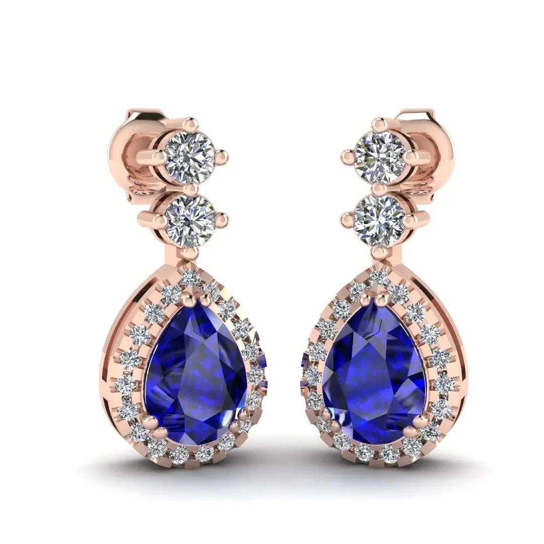 Sapphire 1.30 Carat Pear Shape Halo Natural Diamond Drop Earrings E1PSS