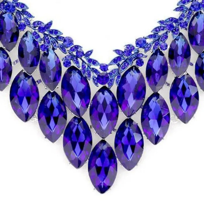 Sapphire Blue Crystal Marquise Vine Leaf Evening Necklace Set