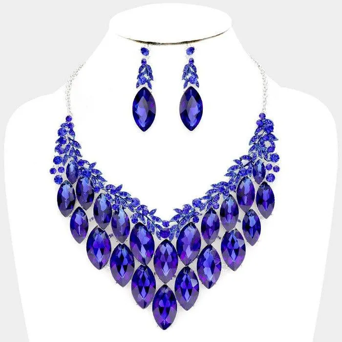 Sapphire Blue Crystal Marquise Vine Leaf Evening Necklace Set