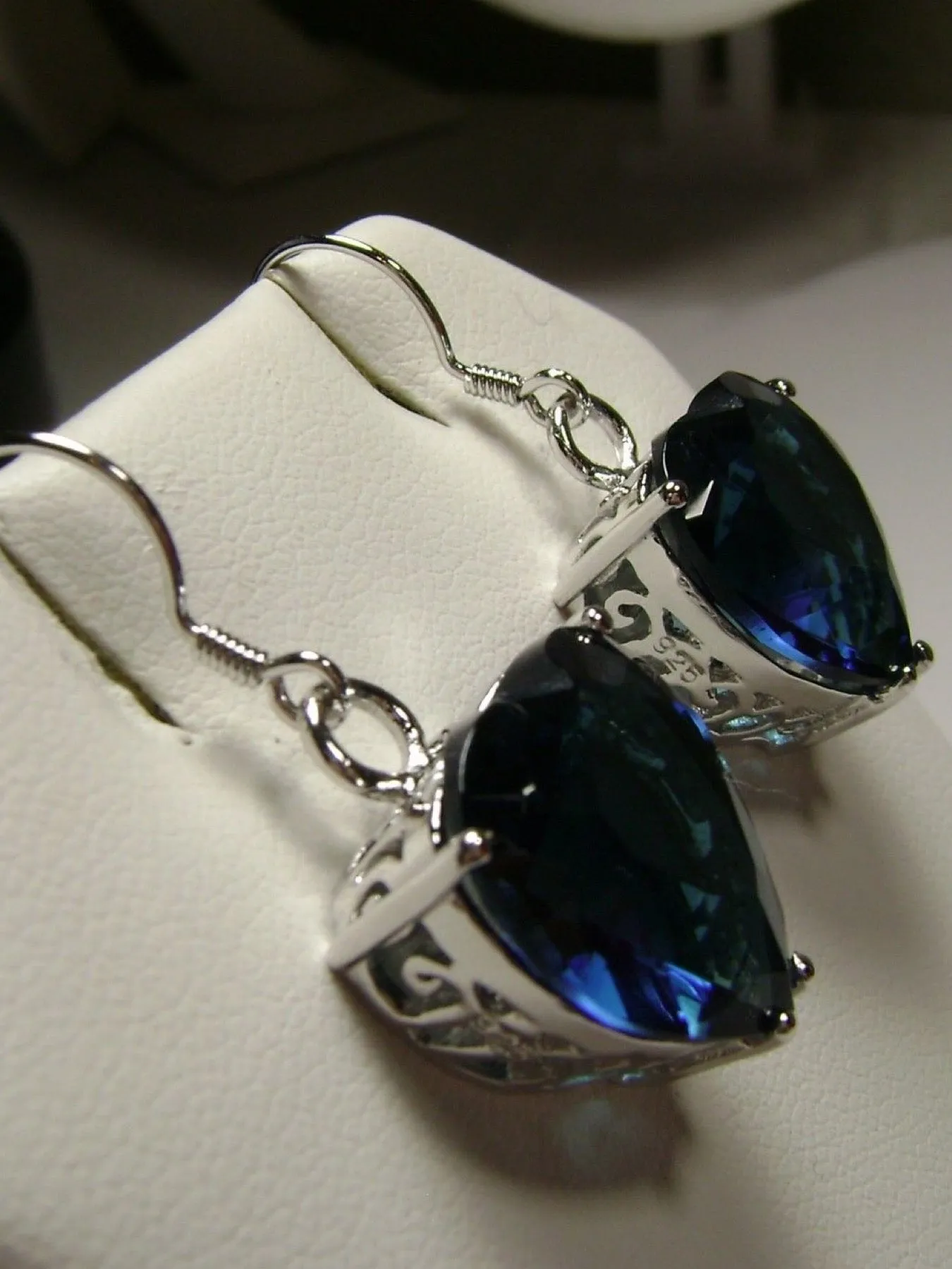 Sapphire Blue Earrings, Heart Gemstone, Art Nouveau Jewelry #E38