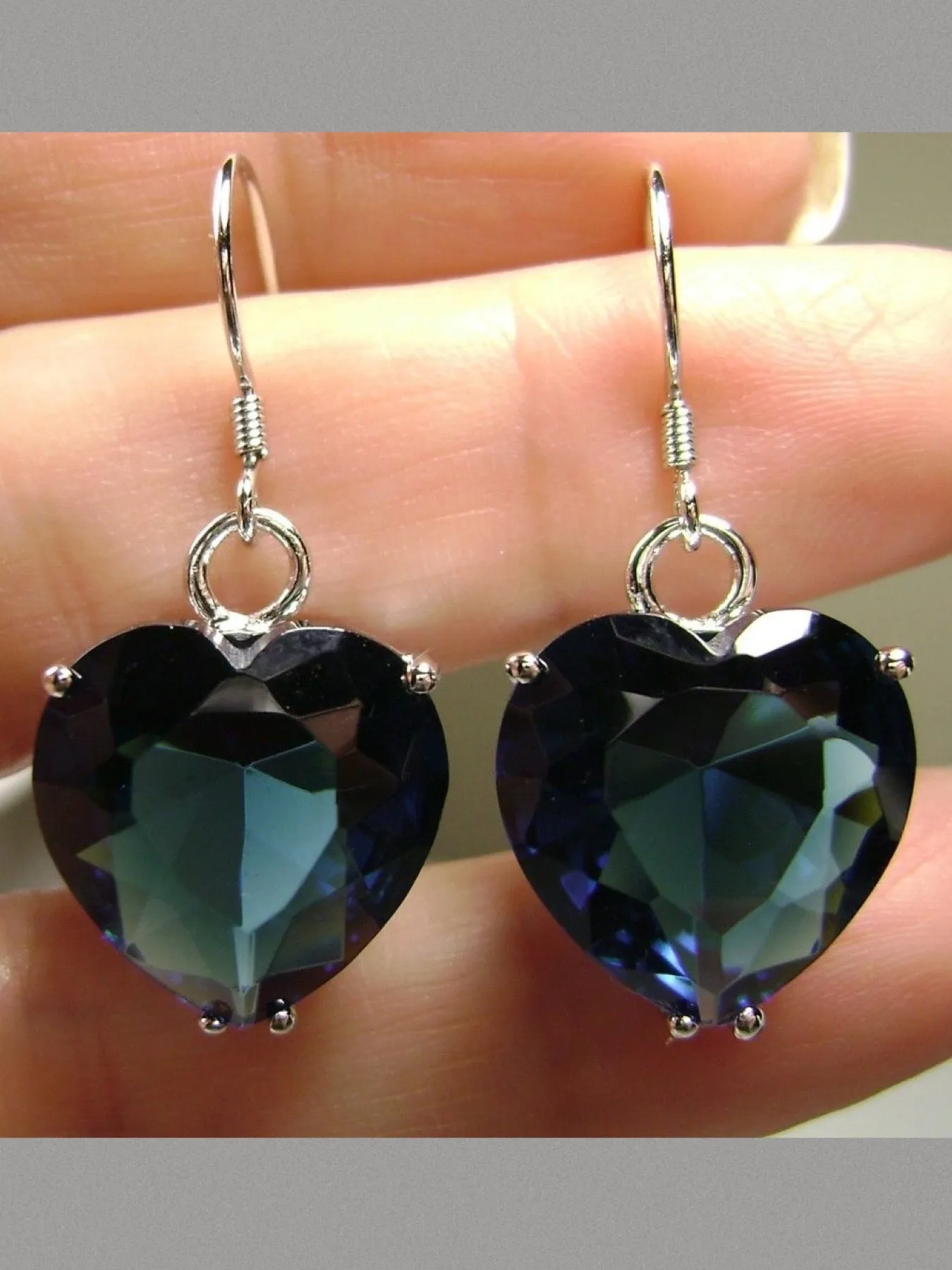 Sapphire Blue Earrings, Heart Gemstone, Art Nouveau Jewelry #E38
