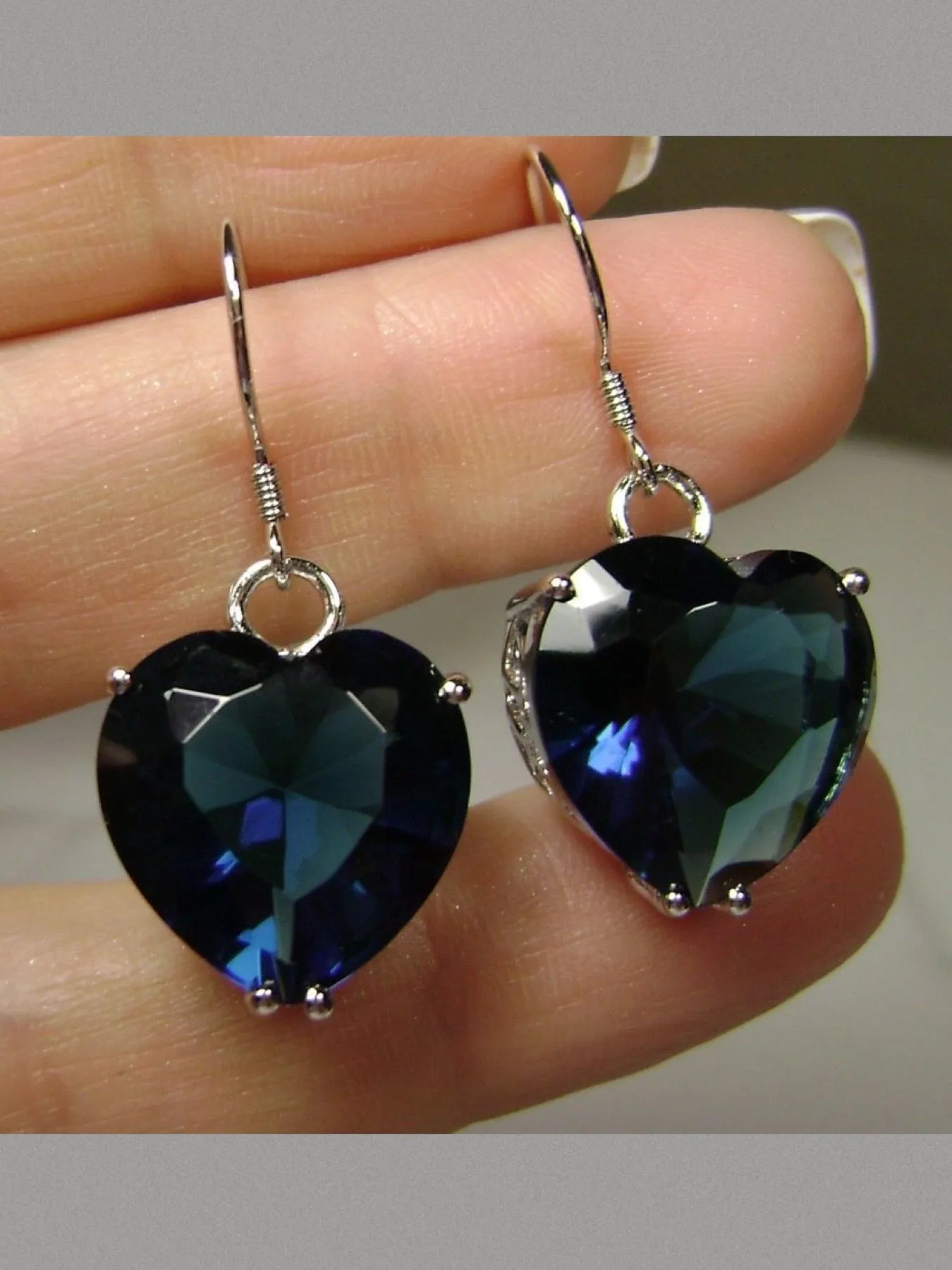Sapphire Blue Earrings, Heart Gemstone, Art Nouveau Jewelry #E38