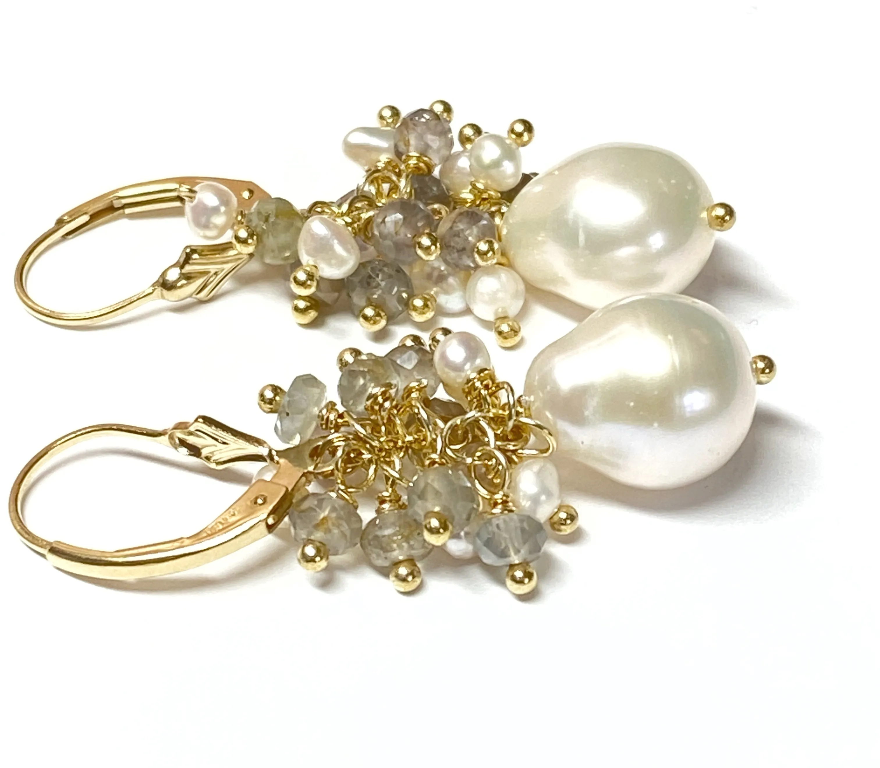 Sapphire Cluster and Gemstone Cluster Pearl Earrings