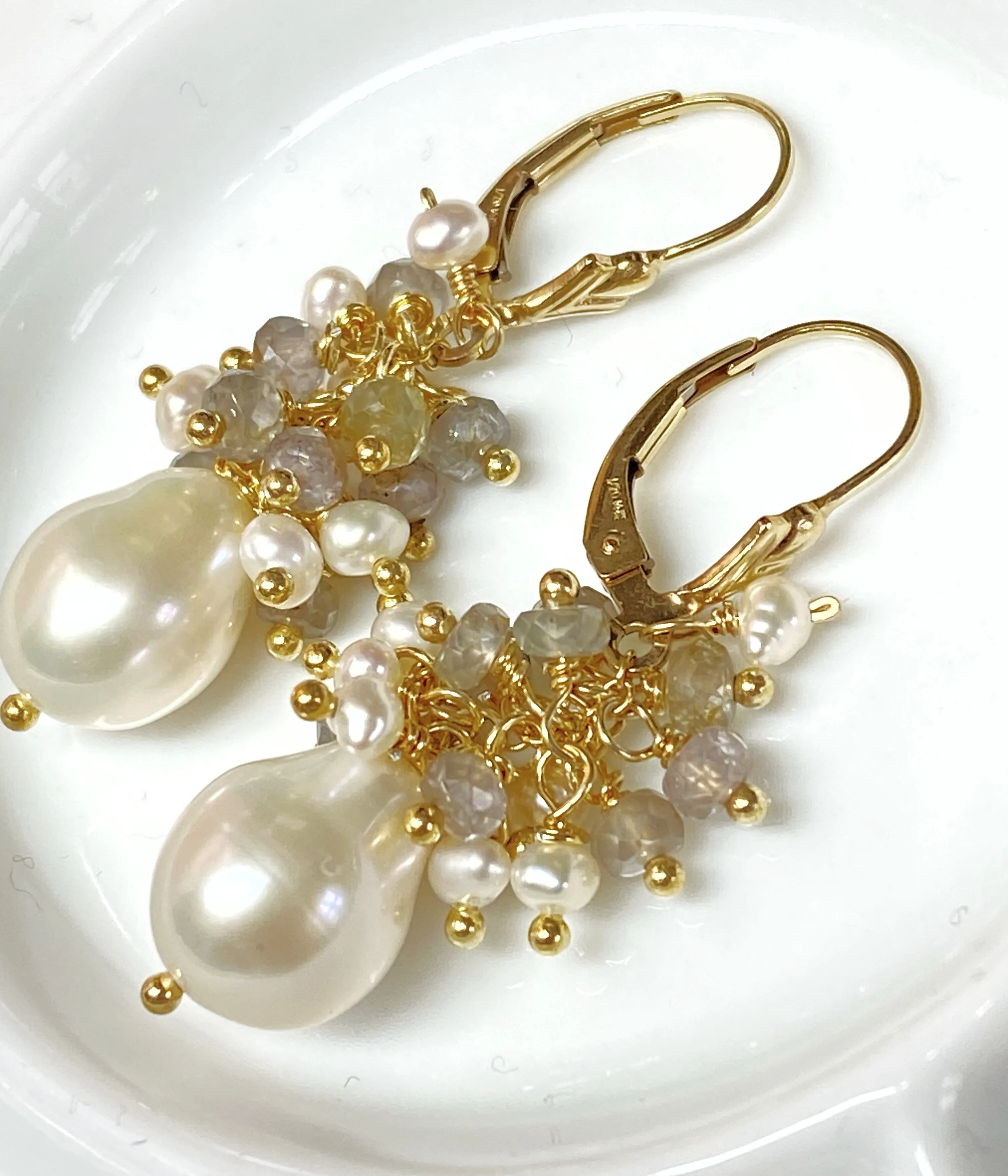Sapphire Cluster and Gemstone Cluster Pearl Earrings