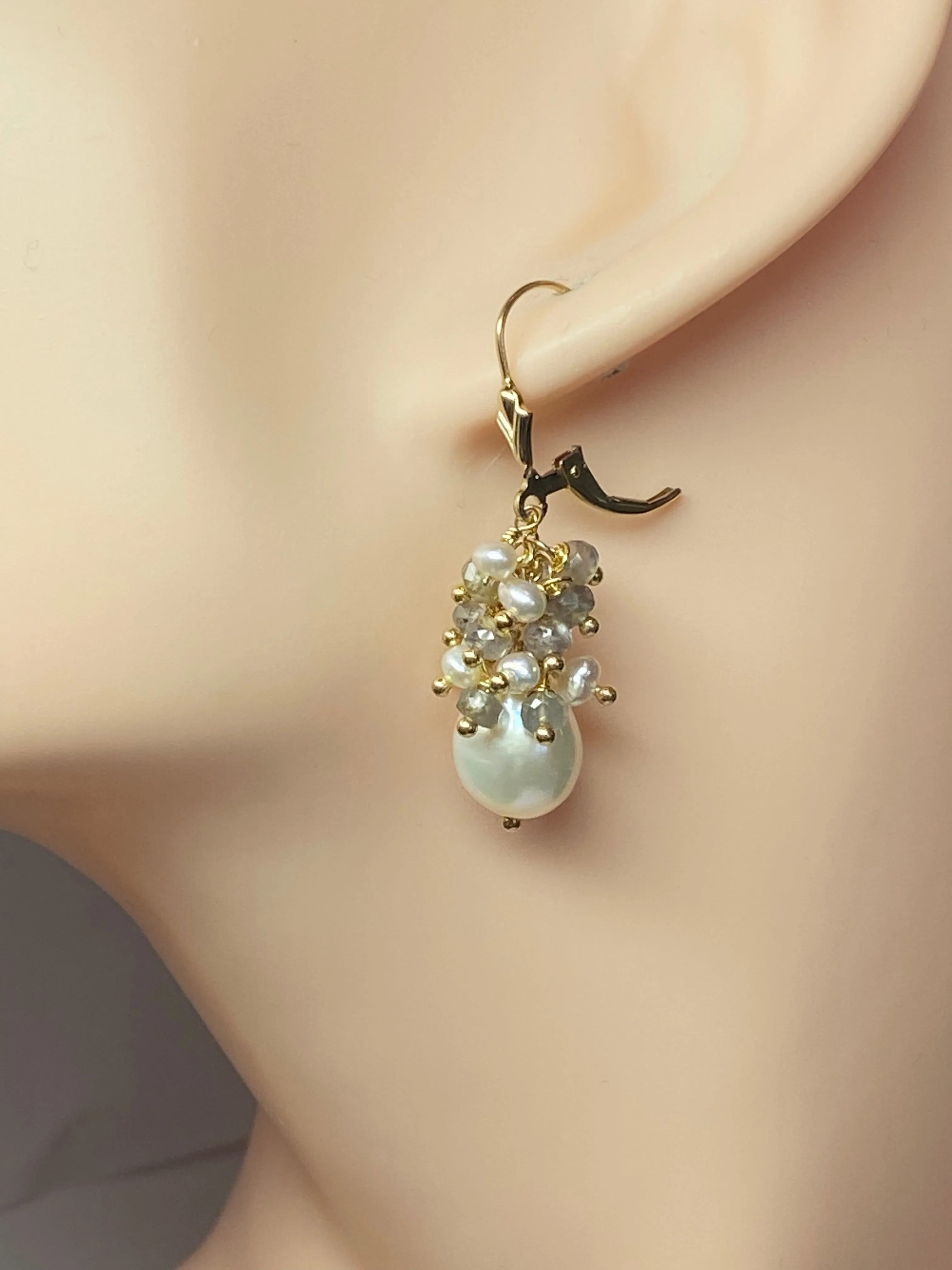 Sapphire Cluster and Gemstone Cluster Pearl Earrings