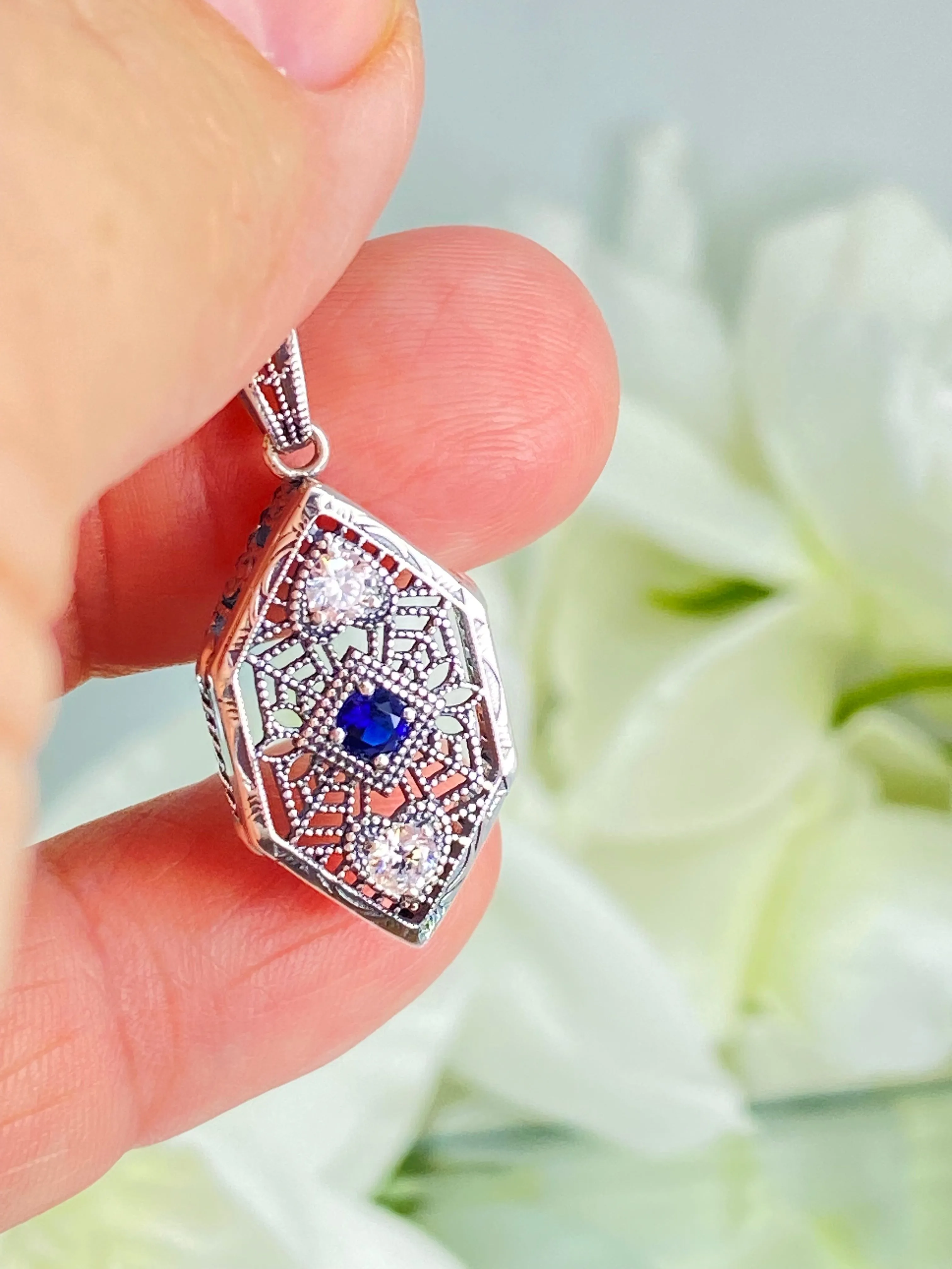 Sapphire Pendant, Art Deco Revival Jewelry #D231