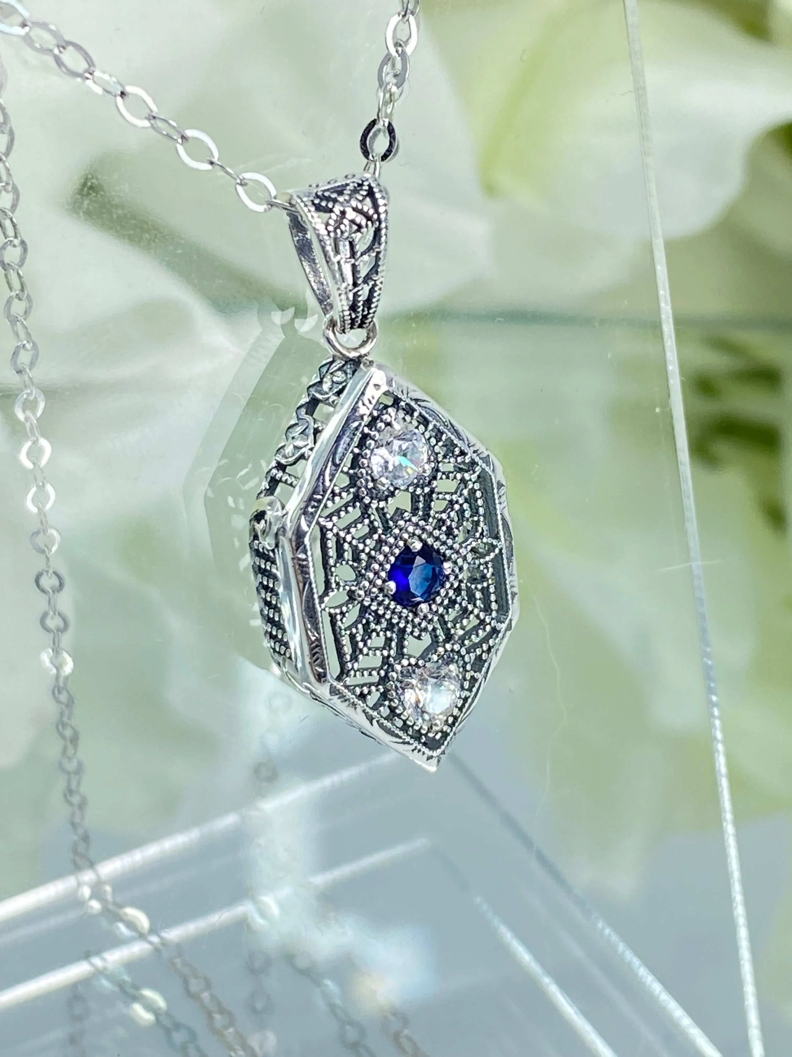 Sapphire Pendant, Art Deco Revival Jewelry #D231