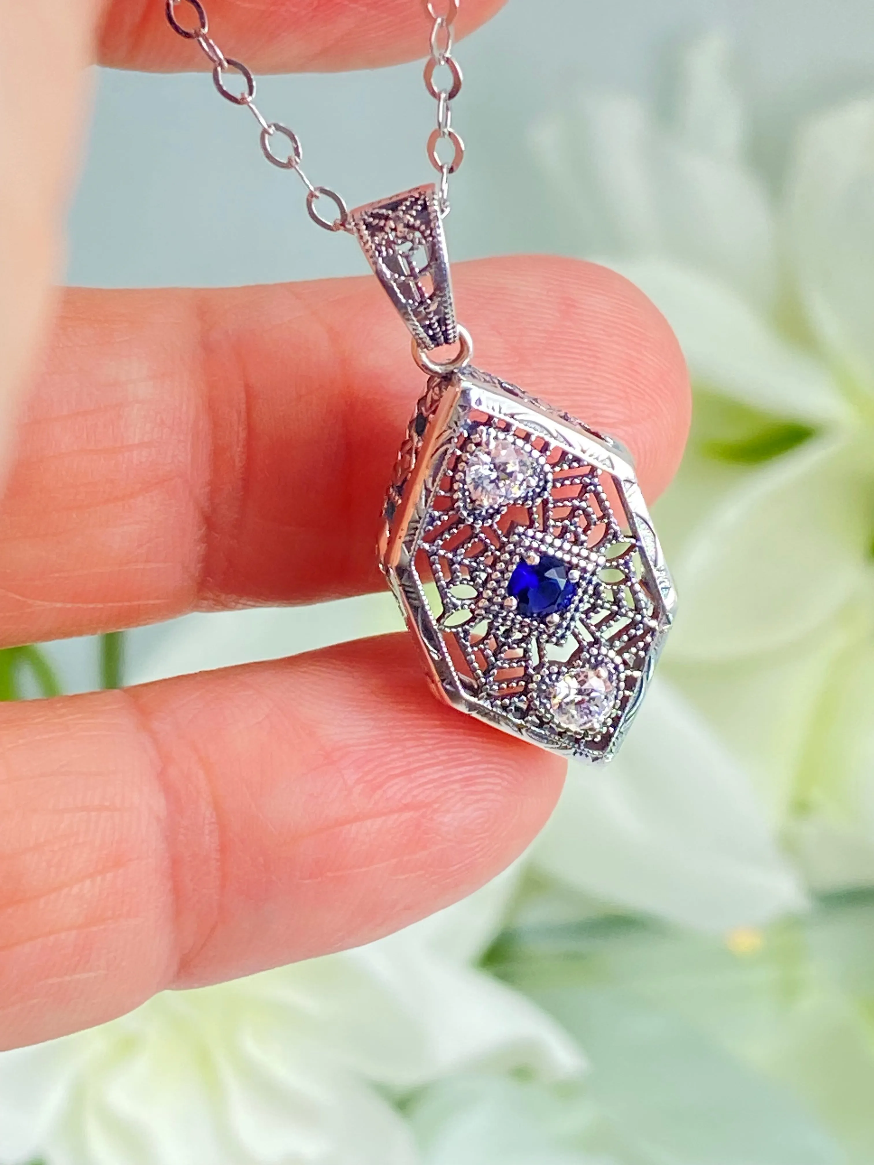 Sapphire Pendant, Art Deco Revival Jewelry #D231