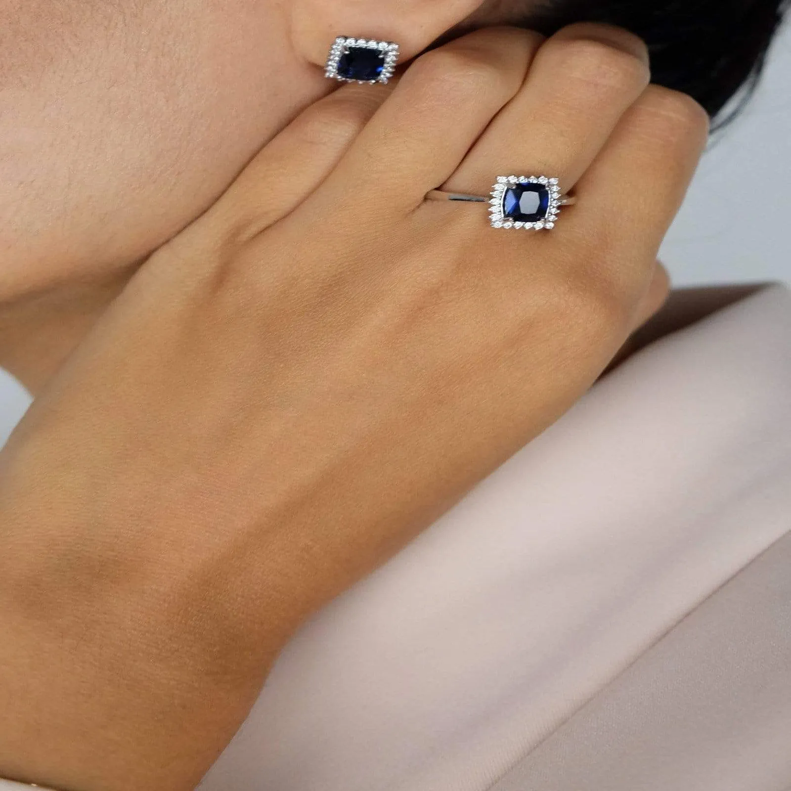 Sapphire Pendant, Ring, Earring Set