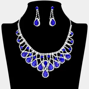Sapphire Teardrop and Rhinestone Embellished Collar Necklace Set | Sapphire Prom Necklace Sets |  638877