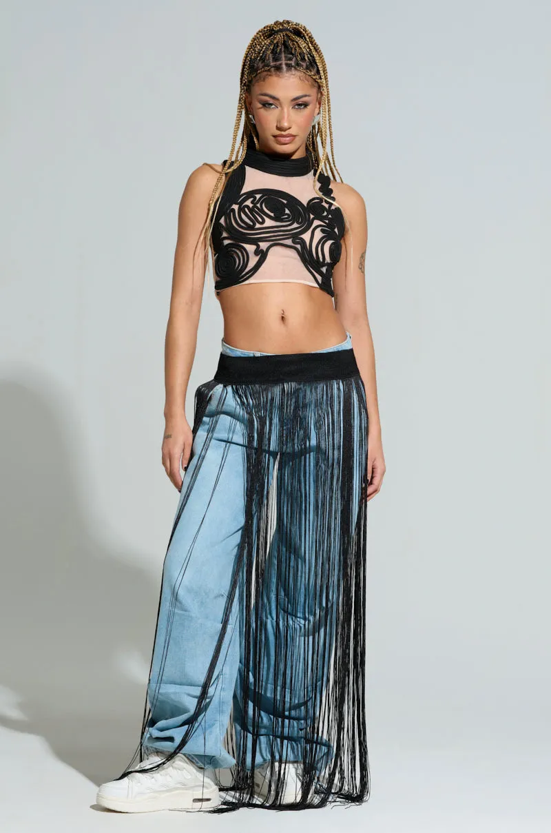 SATURN RINGS HIGH NECK MESH UNDERLAY BLOUSE IN BLACK