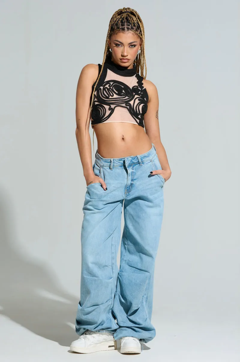 SATURN RINGS HIGH NECK MESH UNDERLAY BLOUSE IN BLACK