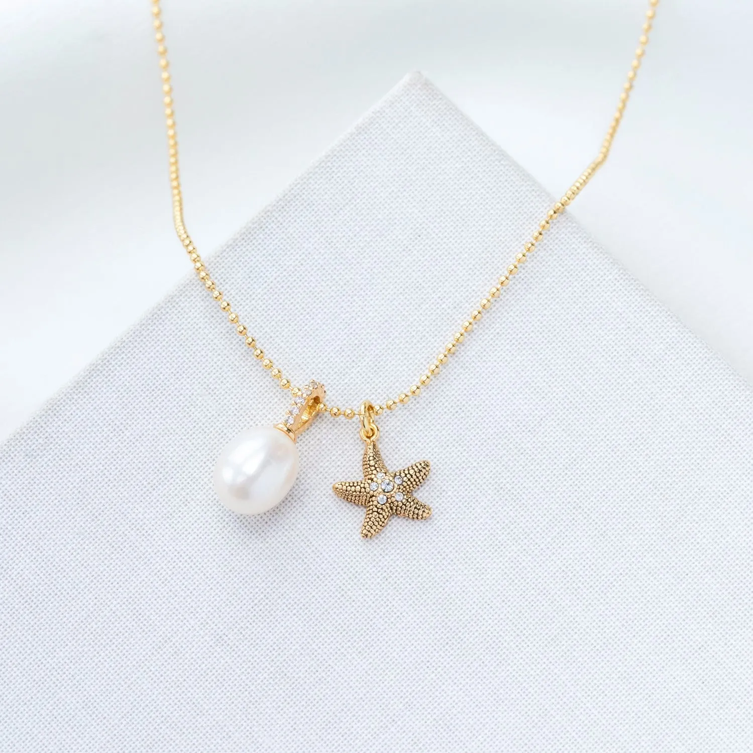 Sea Star Starfish Pearl Charm Pendant Necklace