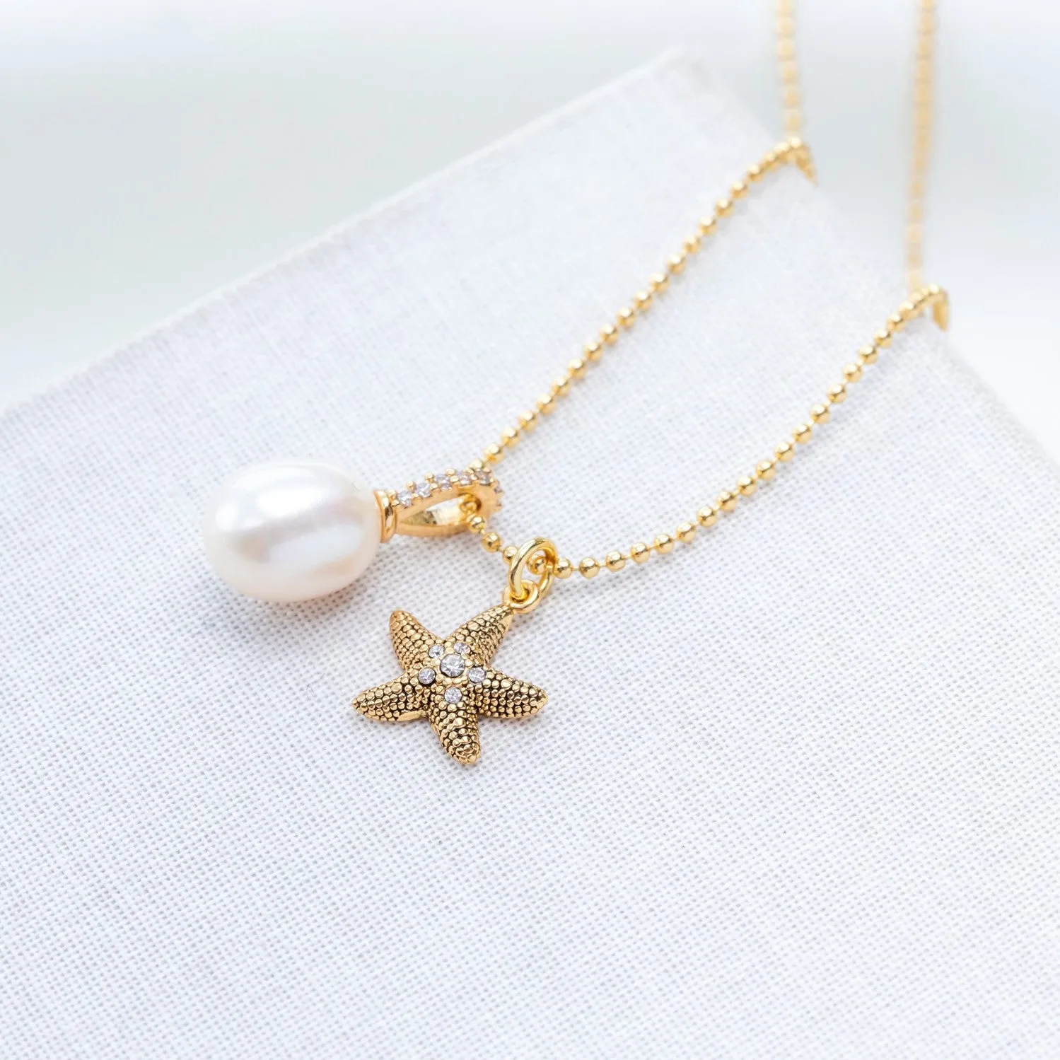 Sea Star Starfish Pearl Charm Pendant Necklace