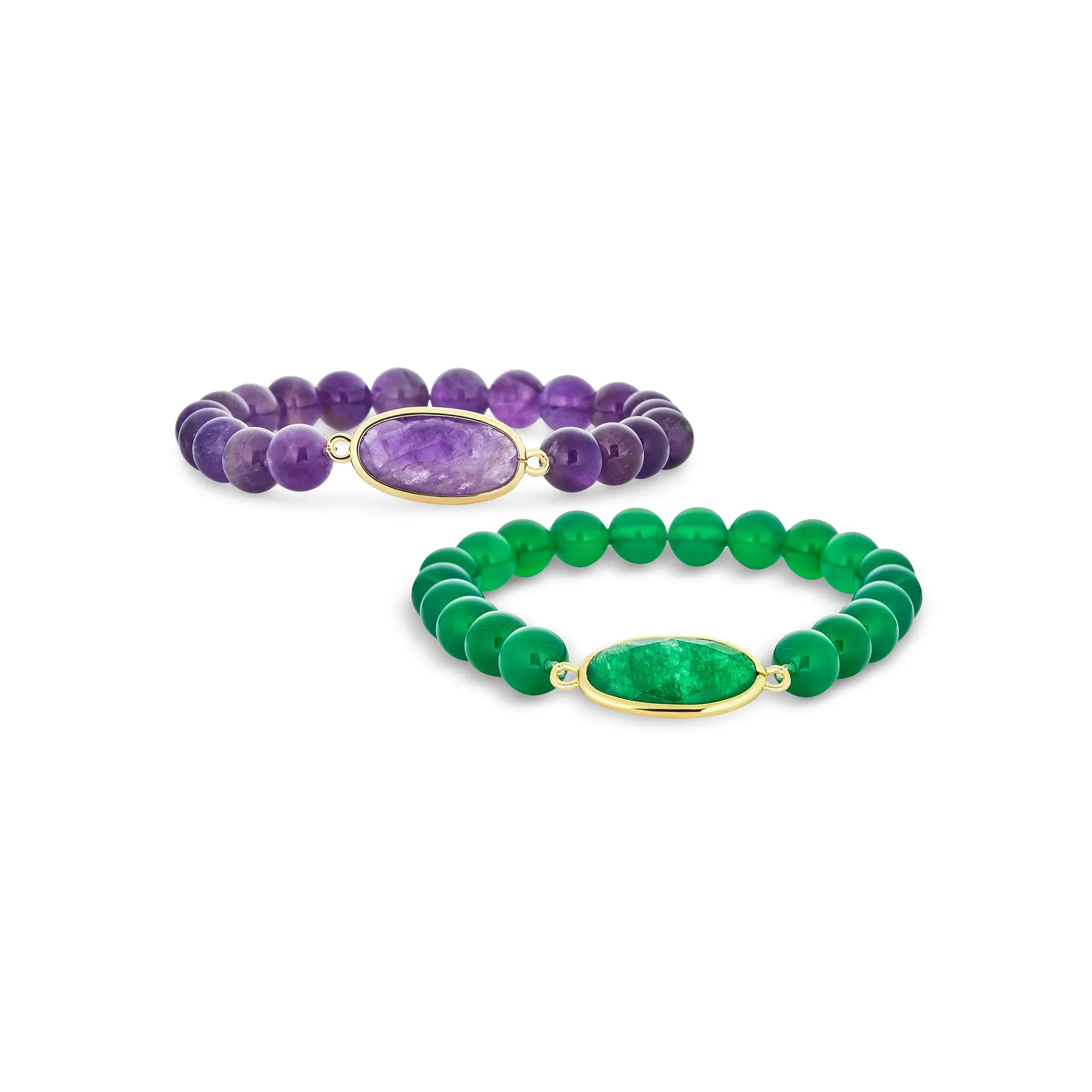 Set of 2 Boho Purple Amethyst & Green Agate Bead Stretch Bracelet Gold Plated