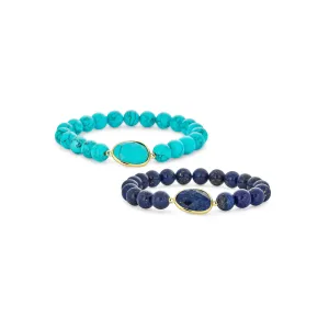 Set of 2 Boho Purple Amethyst & Green Agate Bead Stretch Bracelet Gold Plated