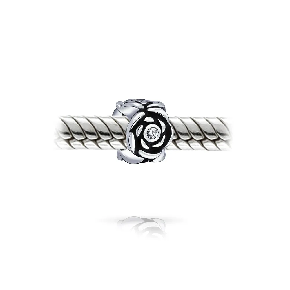 Set of 2 Flower Garden Black Rose Charm Bead Oxidized Sterling Silver