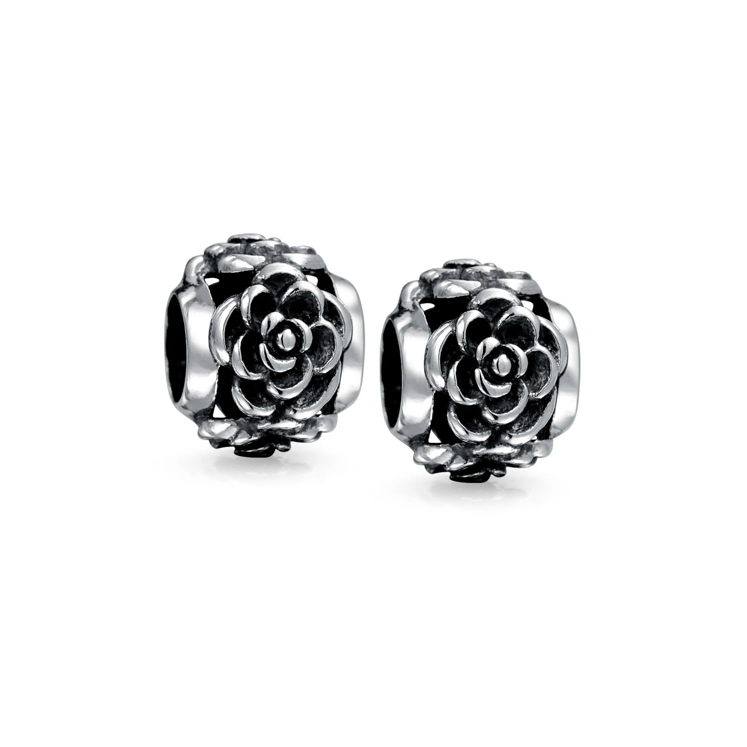 Set of 2 Flower Garden Black Rose Charm Bead Oxidized Sterling Silver