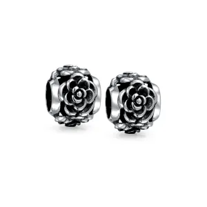 Set of 2 Flower Garden Black Rose Charm Bead Oxidized Sterling Silver