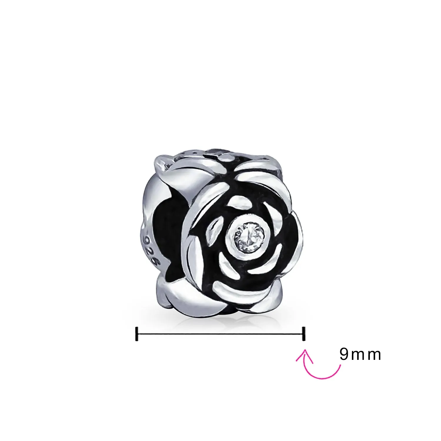 Set of 2 Flower Garden Black Rose Charm Bead Oxidized Sterling Silver