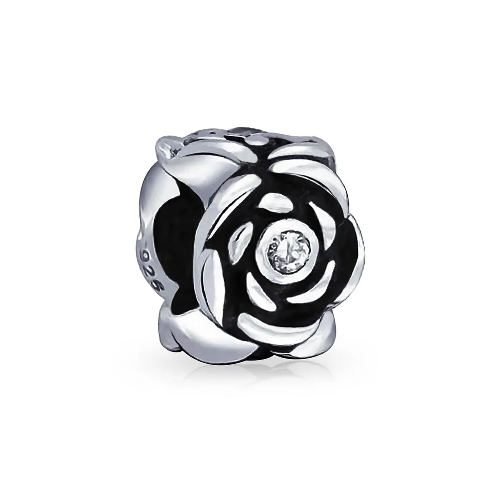 Set of 2 Flower Garden Black Rose Charm Bead Oxidized Sterling Silver