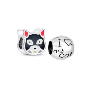 Set of 2 Kitten Black Cat & I Love My Cat Charm Bead Enamel Silver for Bracelet