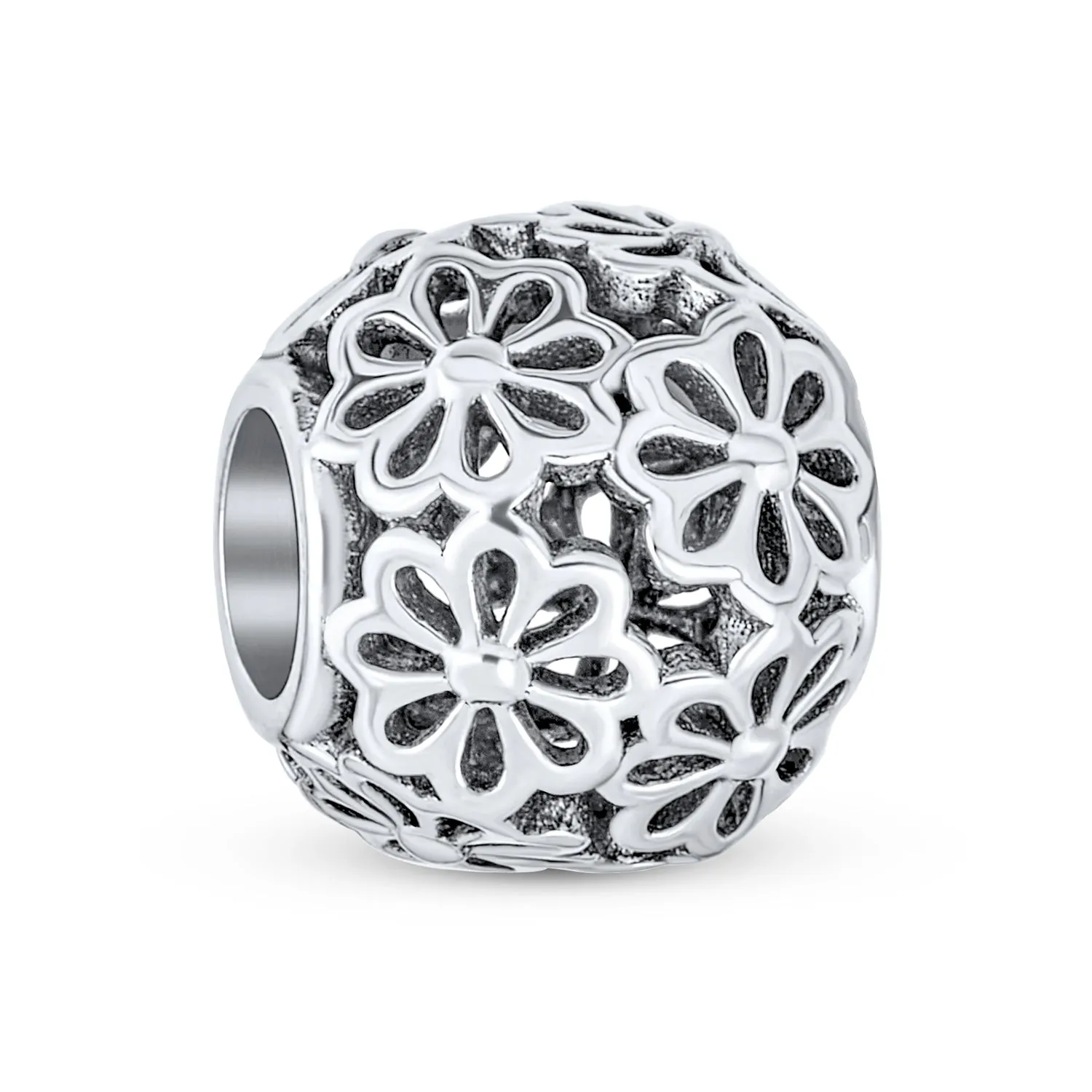 Set of 2 SIS and Heart Flower Filigree Round Bouquet Barrel Charm Bead Silver