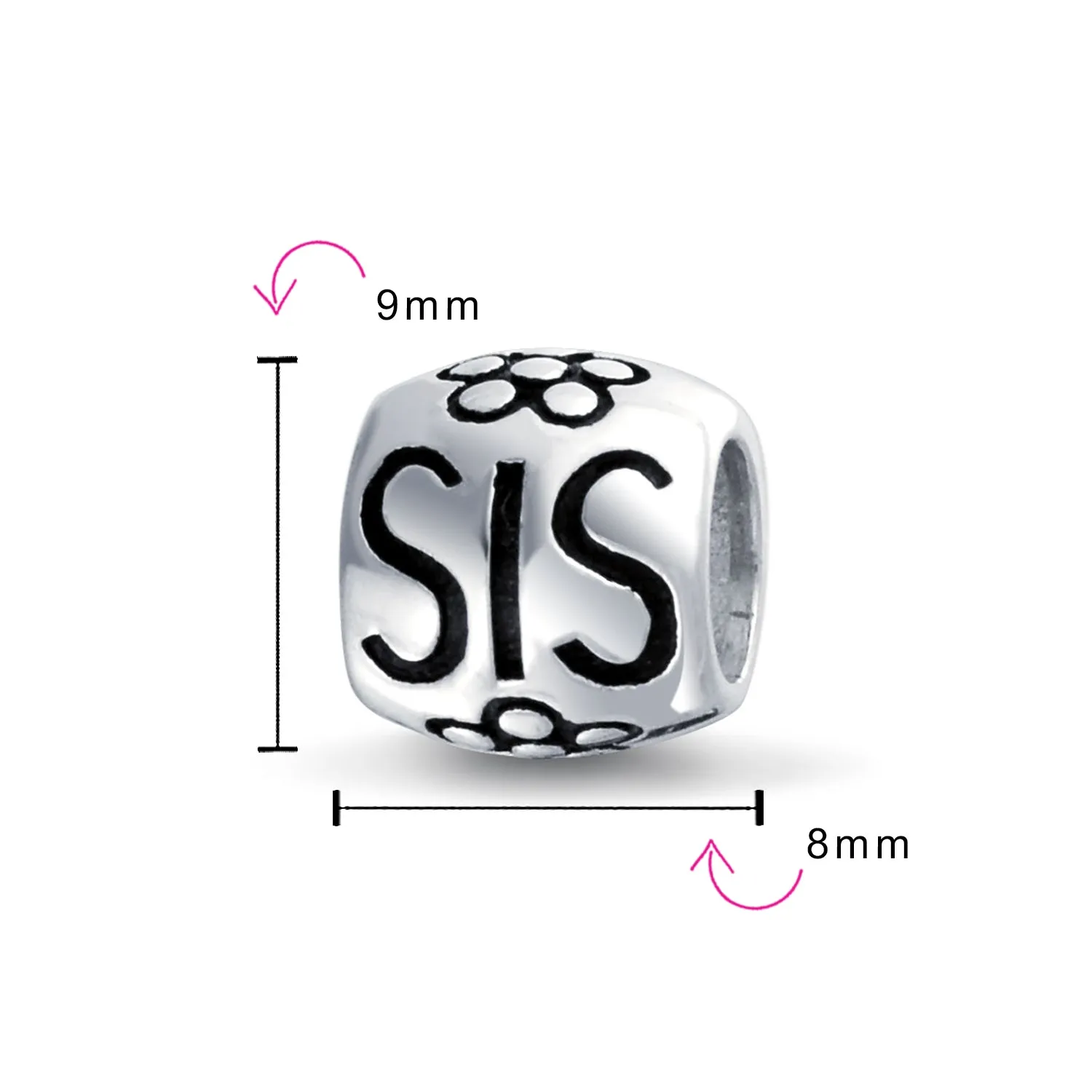 Set of 2 SIS and Heart Flower Filigree Round Bouquet Barrel Charm Bead Silver