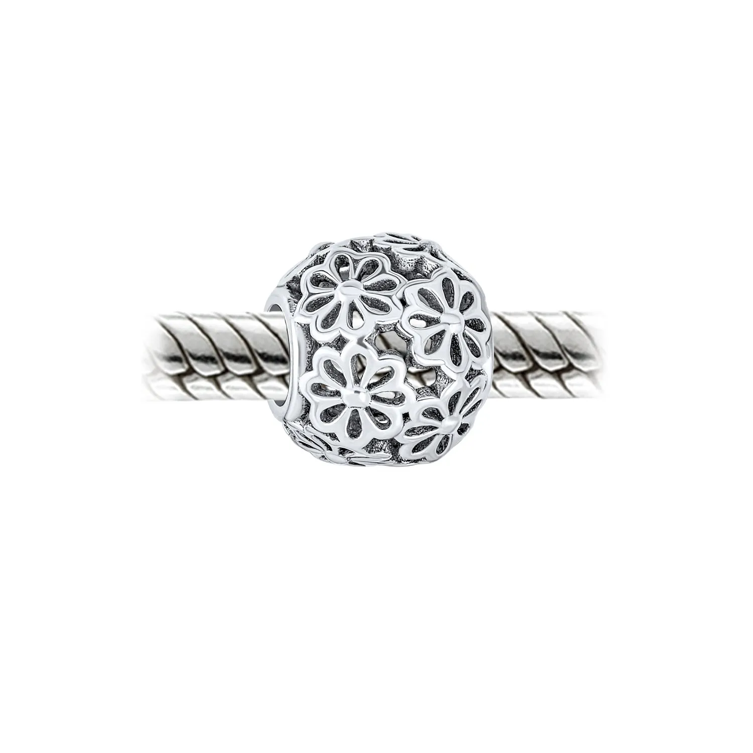 Set of 2 SIS and Heart Flower Filigree Round Bouquet Barrel Charm Bead Silver