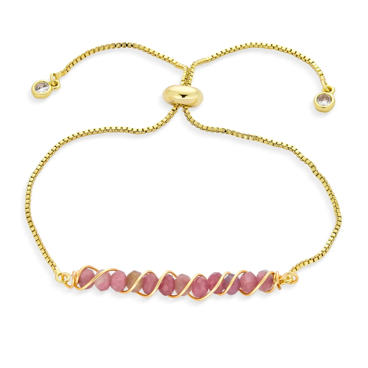Set of 3 Pink Tourmaline, Aquamarine and Turquoise Bolo Bracelet Gold Plated