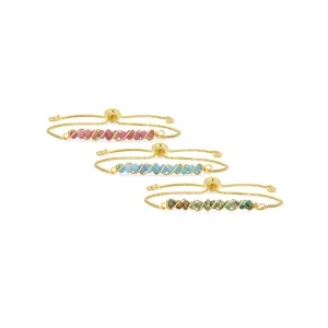 Set of 3 Pink Tourmaline, Aquamarine and Turquoise Bolo Bracelet Gold Plated